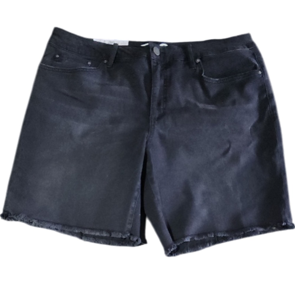 Seven7 Relaxed Bermuda Shorts Womens 16 Black Denim Stretch Frayed Hem NWT